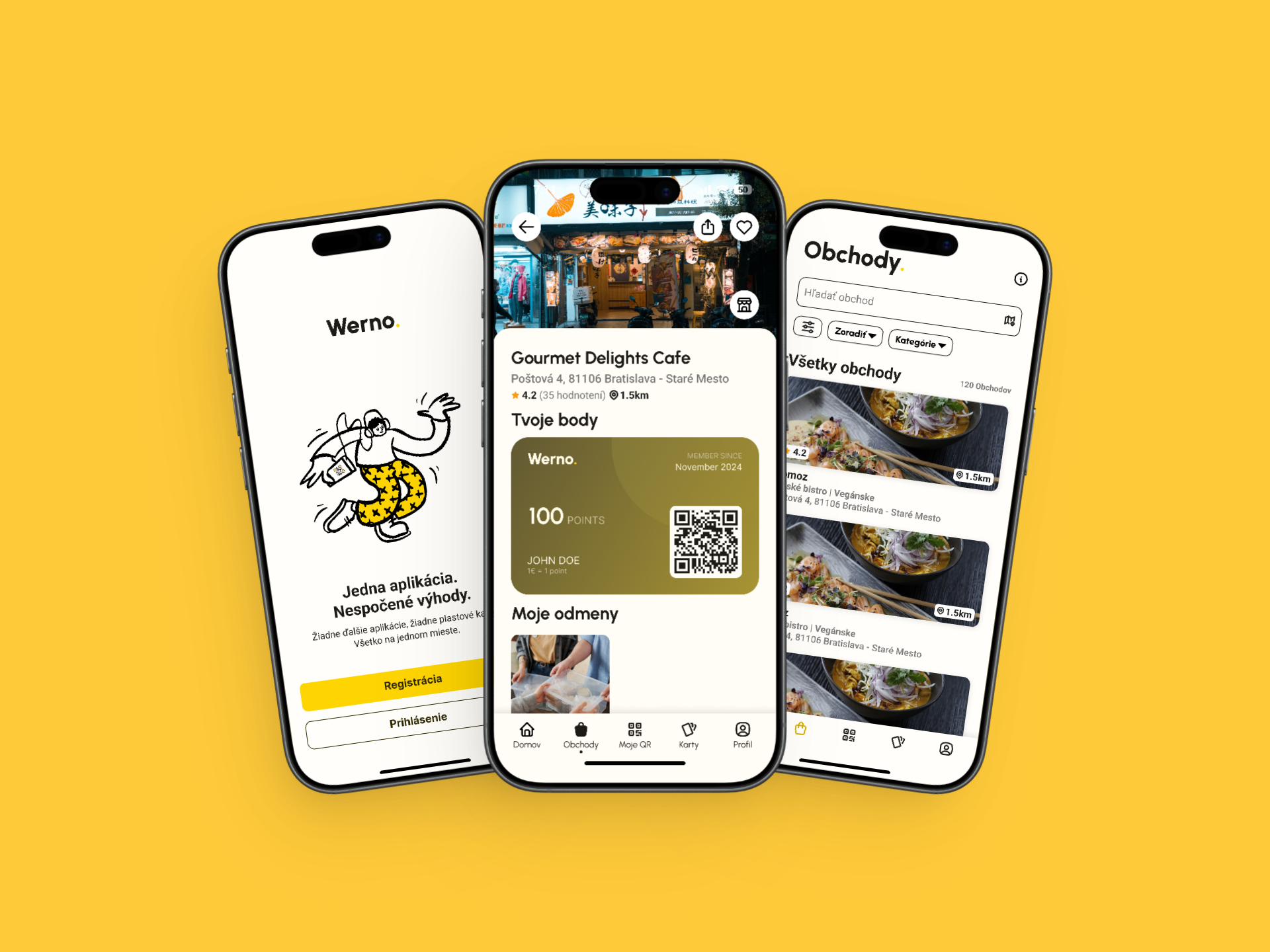 Tri obrazovky mobilnej appky Werno: onboarding, vernostný profil podniku a objavovanie obchodov.